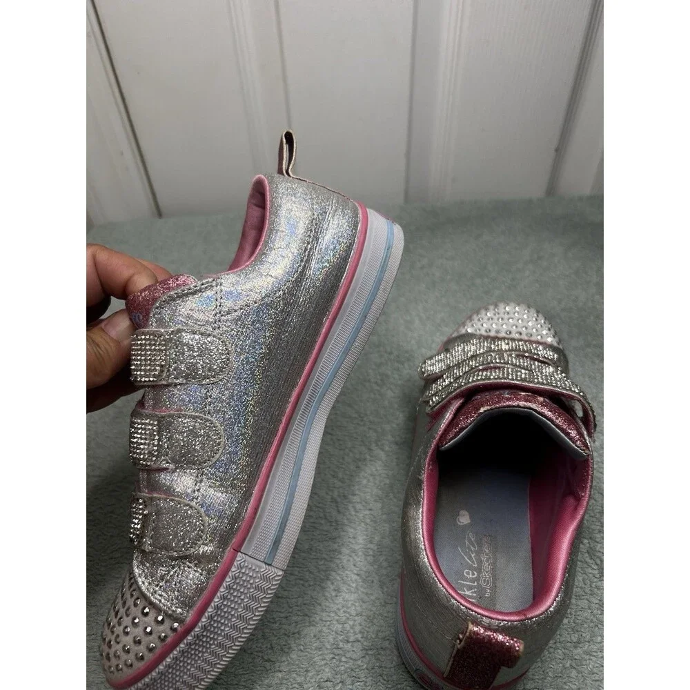 Skechers Twinkle Toes Girls Silver Pink Rhinestone Sneakers Size 4.5